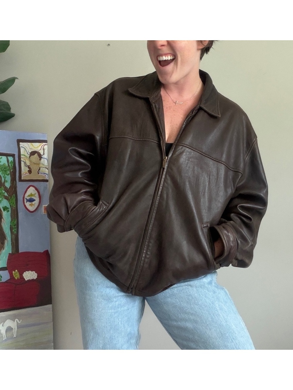 Vintage 90s Brown Leather Bomber Jacket